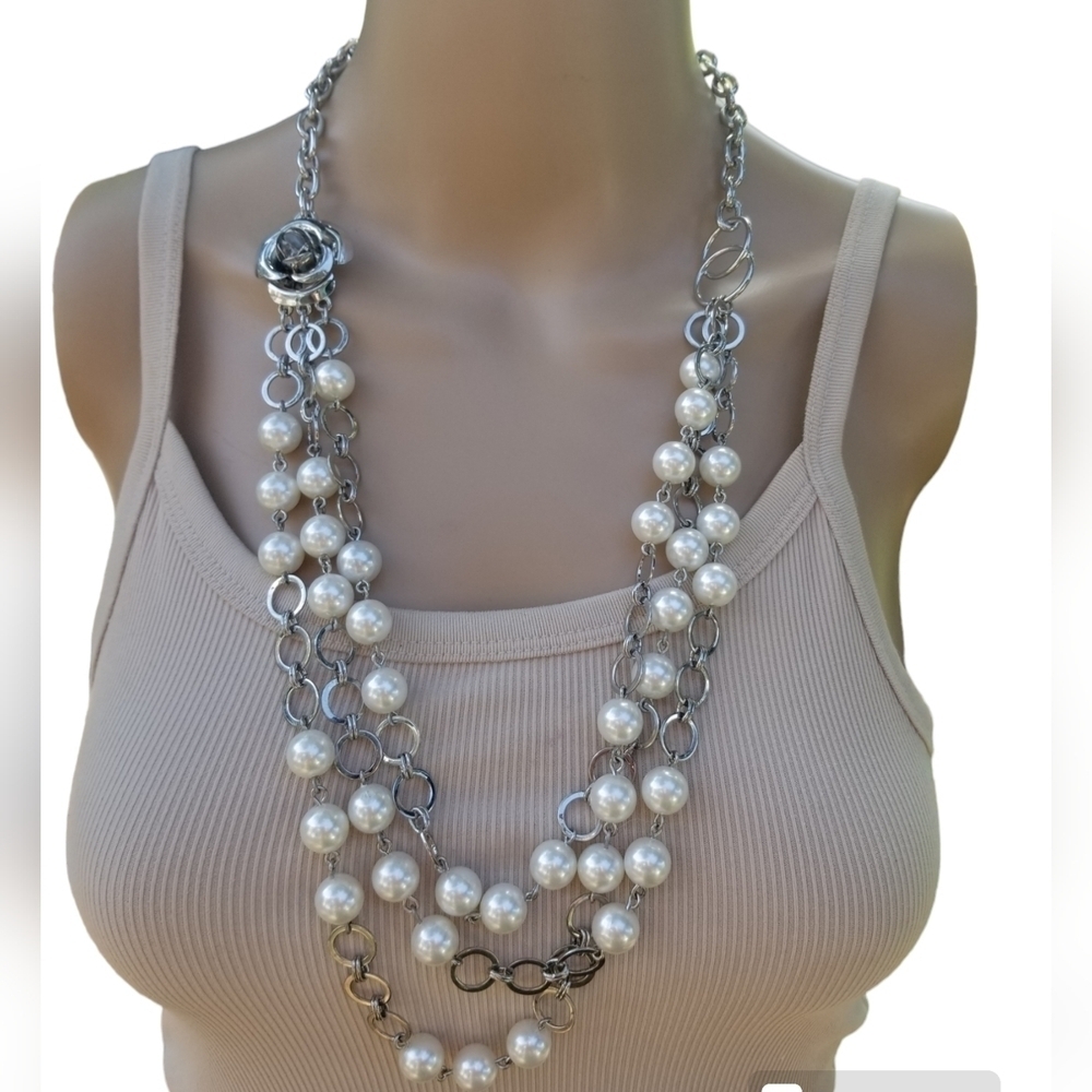 Vintage Triple Strand Faux Pearl Layered Necklace Silver Rose Detail